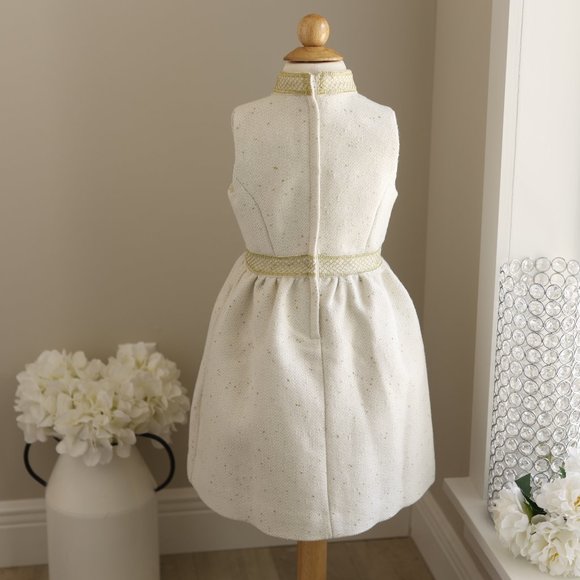 Girl's Couture Off White Gold Fleck Tweed Dress Sleeveless Tailored Party Event - Picture 6 of 10
